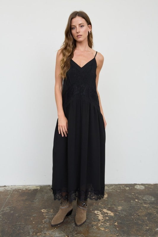 black lace dress spaghetti strap Trim Midi Satin